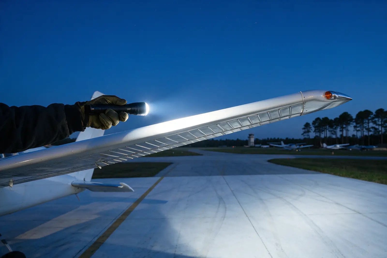 A pilot's gloved hand shines a flashlight along an aircraft wing at dawn during a preflight walk-around.